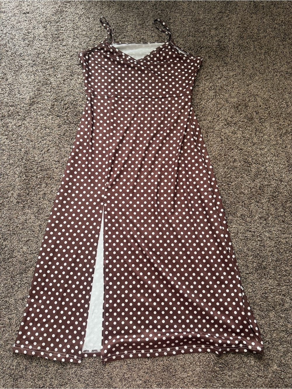 Polka Dot Brown Maxi Dress with Front Slit